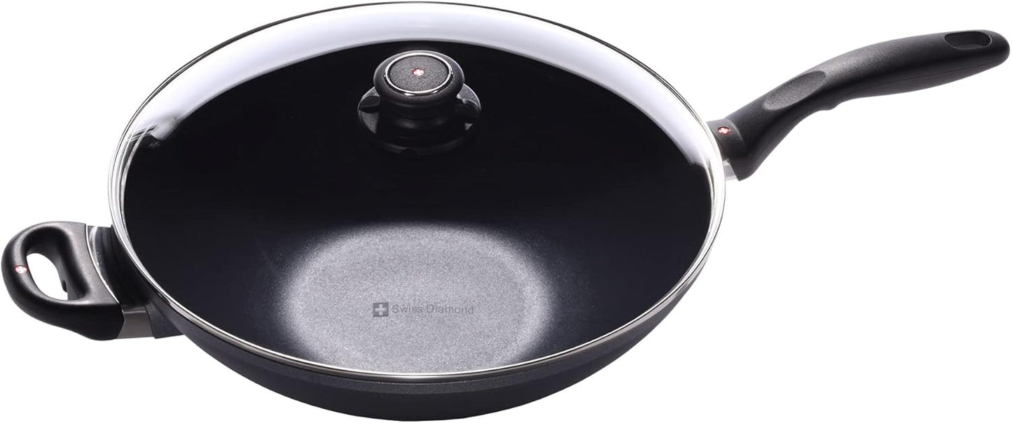 Swiss Diamond 12.5" (5.3 Qt) Wok HD Nonstick Induction Diamond Coated Aluminum Wok, Includes Lid Dishwasher Safe and Oven Safe Wok, Grey