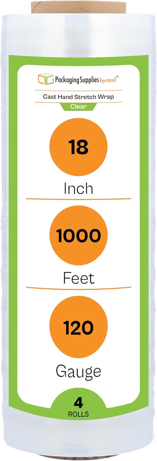 PSBM Stretch Wrap, 4 Pack, 18 Inch x 1000 Feet, 120 Gauge, Clear Plastic Cling, Cast Hand Stretch Film Rolls for Packaging Moving Packing Pallets