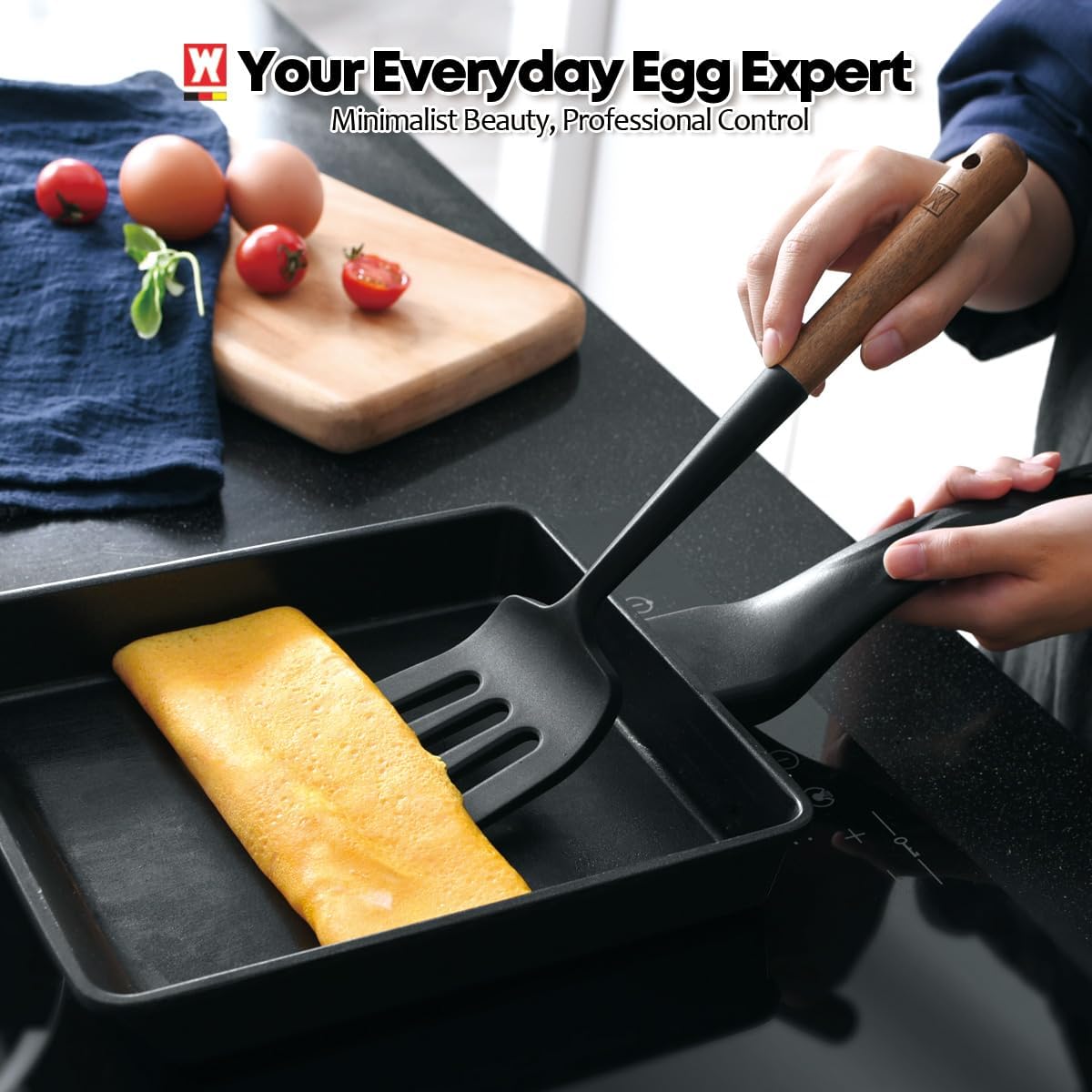 Set of 2pc Silicone Cooking Utensils: Wooden Handle Slotted Spatula + Cooking Ladle, Heat Resistant Cooking Utensil, BPA Free, Protects Surfaces with Gentle Head Design