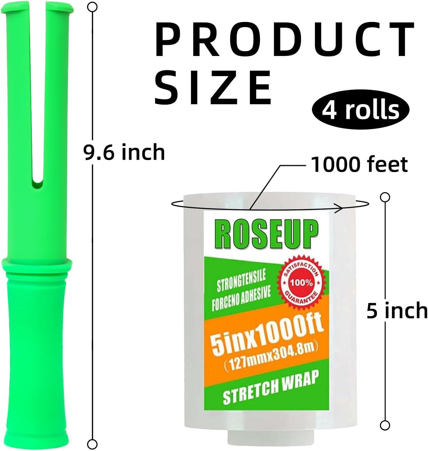 ROSEUP Clear Stretch Wrap Film 5" x 1000ft Roll with Handle, 80 Gauge Thick Cling Plastic Wrap for Moving, Pallet Wrap, Self Adhering Packaging Heavy Duty Shrink Film, 4 Pack
