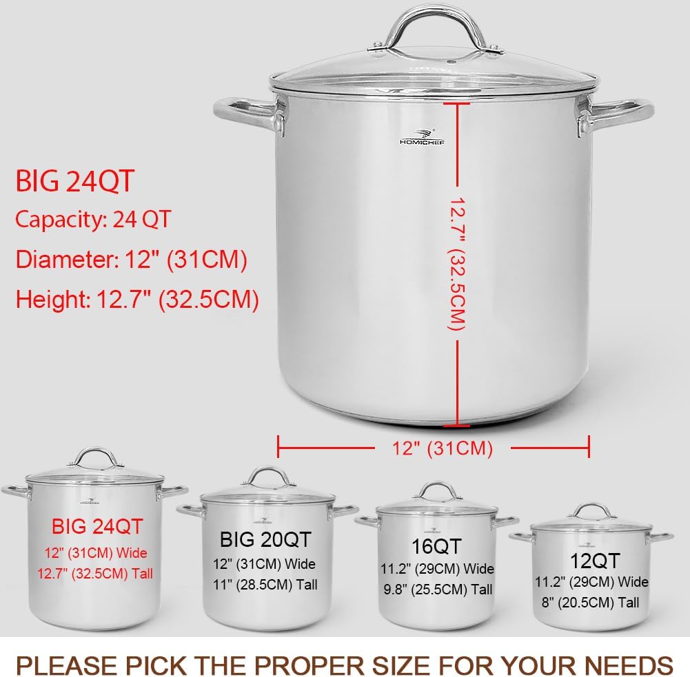 HOMICHEF LARGE STOCK POT 24 Quart With Lid - Nickel Free Stainless Steel Cookware Stockpot 24 Quart - Healthy Cookware Polished Stockpots - Heavy Duty Induction Pot Soup Pot With Lid
