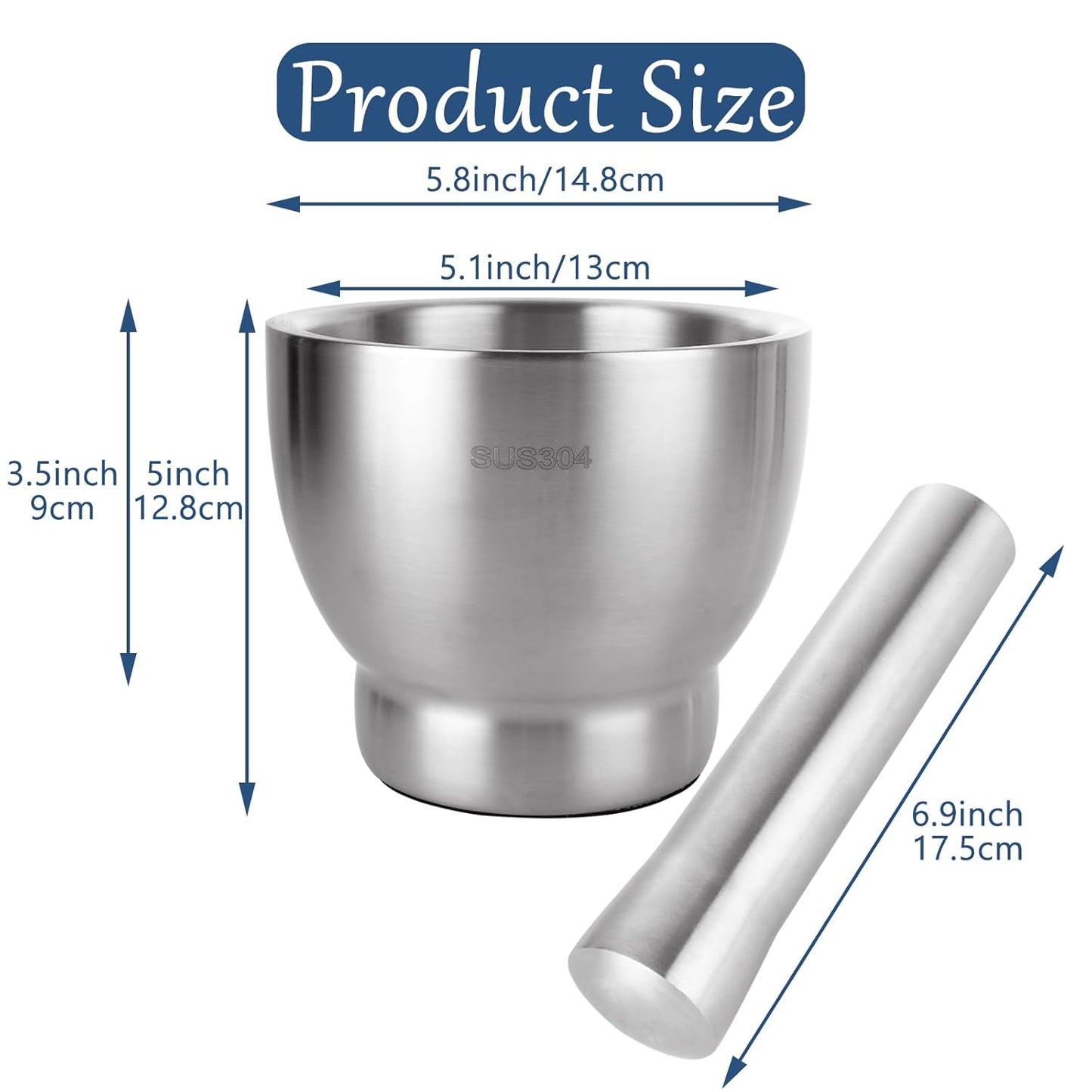 Mortar and Pestle Set Stainless Steel Manual Spice Grinder Pill Crusher Bowl Pestle and Mortar Bowl with Lid for Crushing Powdering Herbs, Grains, Spices
