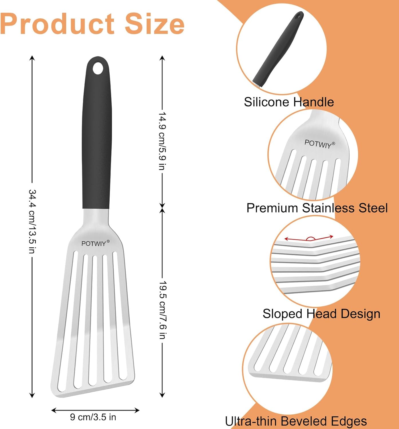 Stainless Steel Fish Spatula, Metal Fish Turner with Silicone Handle, Kitchen Slotted Spatula for Cast Iron Skillet Cooking and Grilling, Beveled Edge and Curved Blade, 13.5 Inch