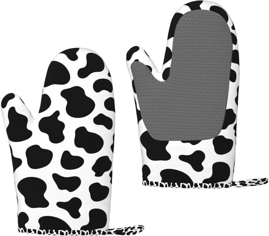 Cow Print Oven Mitts and Pot Holders Sets of 2,Resistant Recycled Infill Silicone Non-Slip BBQ Gloves for Kitchen,Cooking,Baking,Grilling