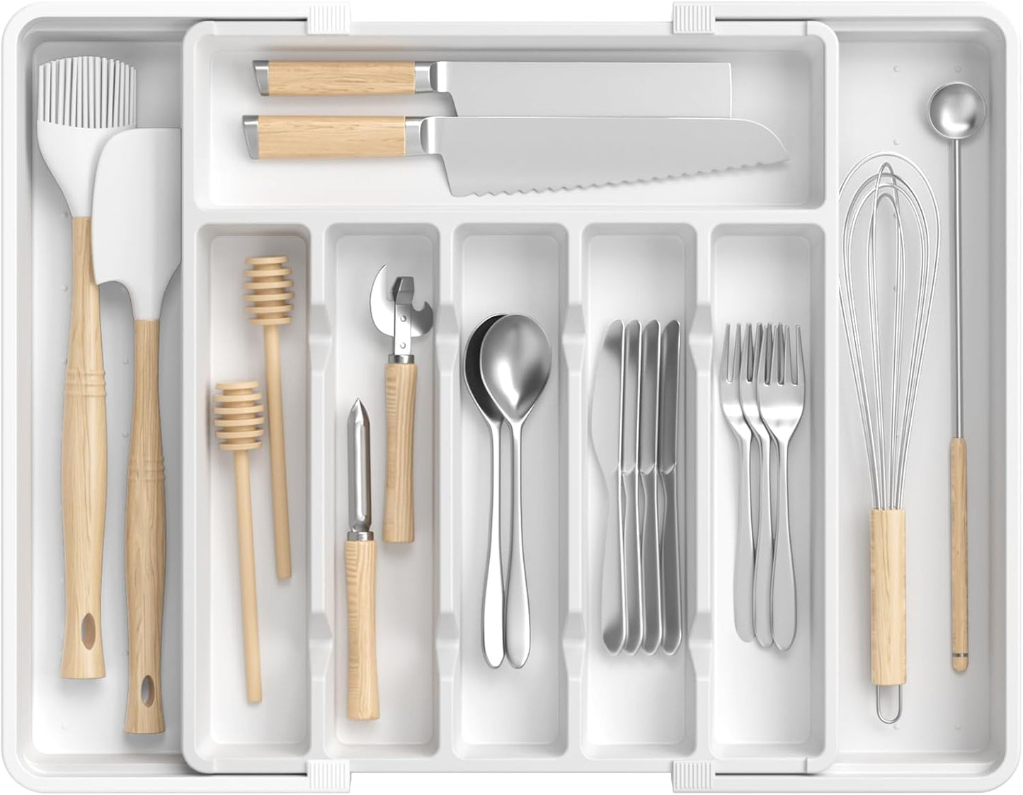 Large Silverware Organizer,Expandable Utensil Drawer Organizer,BPA Free Utensil Holder,Adjustable Silverware Tray Cutlery Drawer Organizer for Kitchen Flatware,Large,White (6-8 Slots)