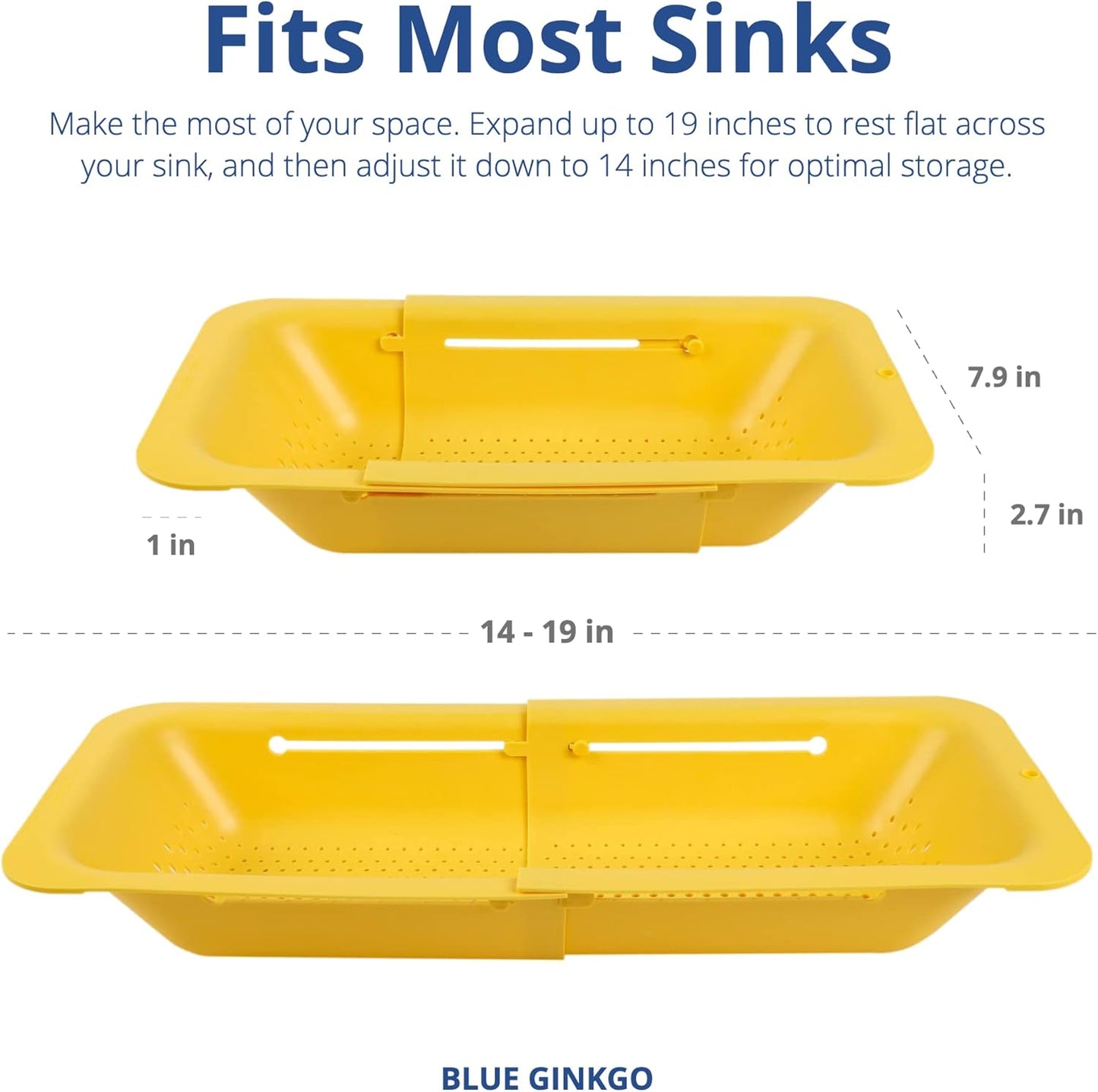 BLUE GINKGO Over the Sink Colander Strainer Basket - Wash Vegetables and Fruits, Drain Cooked Pasta and Dry Dishes - Extendable - New Home Kitchen Essentials (7.9 W x 14.5-19.5 L x 2.75 H) - Yellow