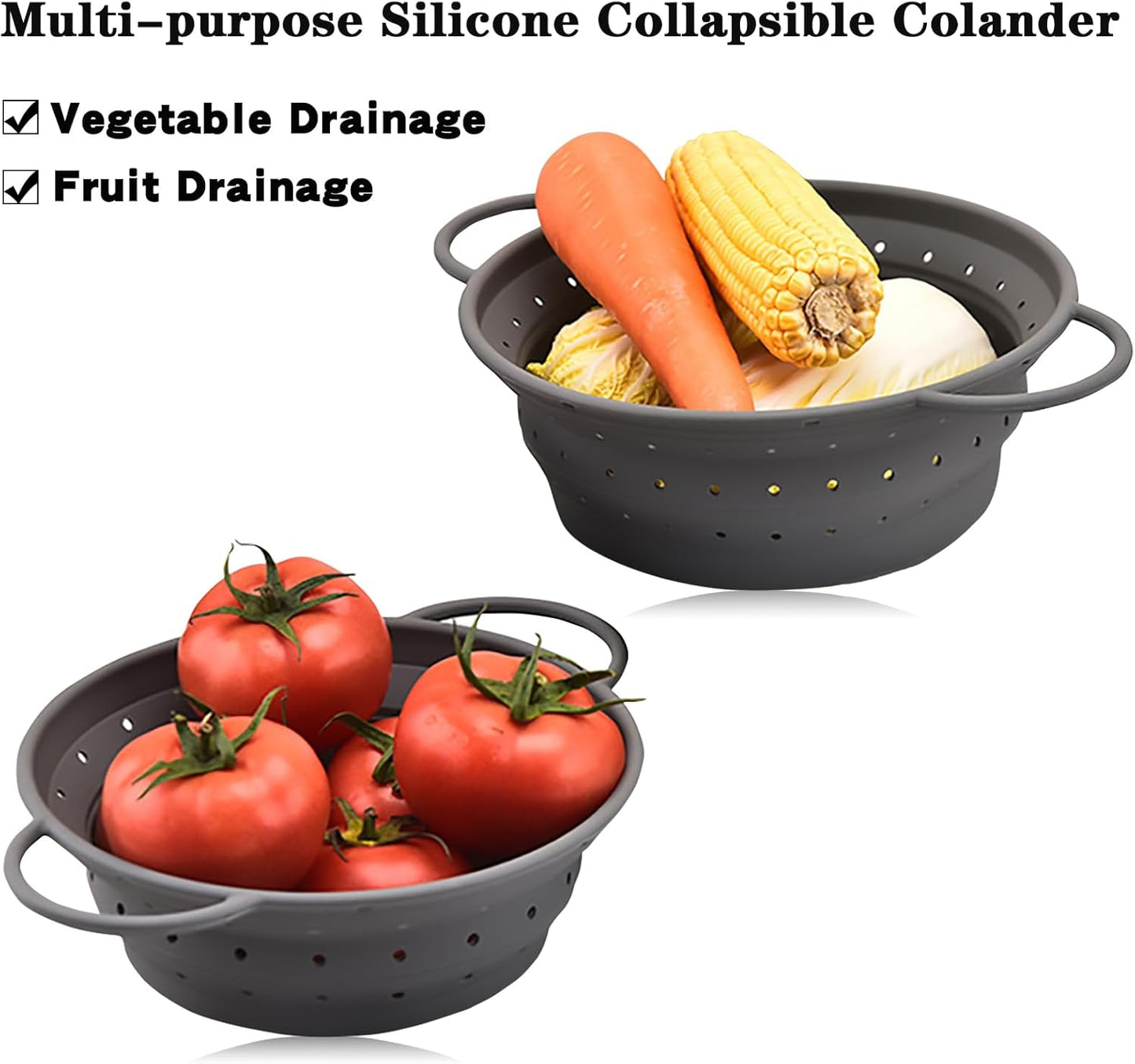 Silicone Collapsible Colander with Handle, Kitchen Colander for Easy Storage,Four-side Fast Draining Silicone Draining Basket, Perfect for Fruits Vegetables (Gray L+M)