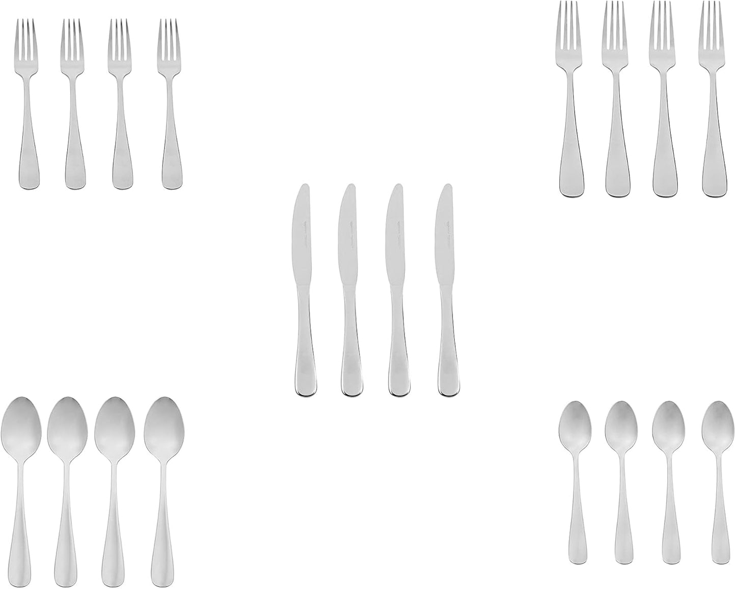 Amazon Basics Silverware Set, Stainless Steel Flatware, Dishwasher Safe, Service for 4, 20-Piece Forks and Spoons, Round Edge