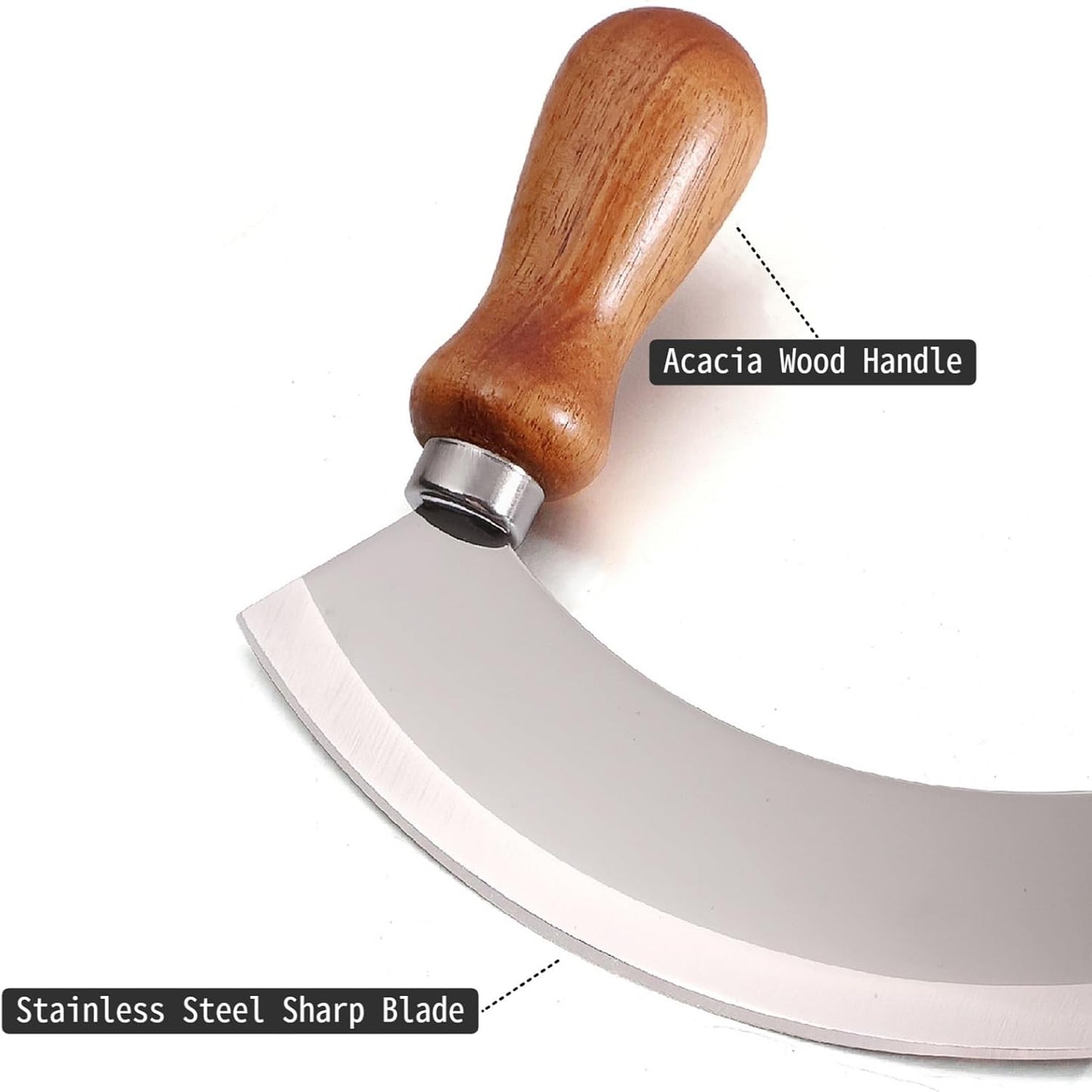 5.4 Inch Stainless Steel Mezzaluna Knife - Salad Chopper Rocker Pizza Cutter Rocker Knife Curved Blade Sharp Blade Double Acacia Wood Handle Fruit Vegetable Mincing (5.4 Inch Silver)