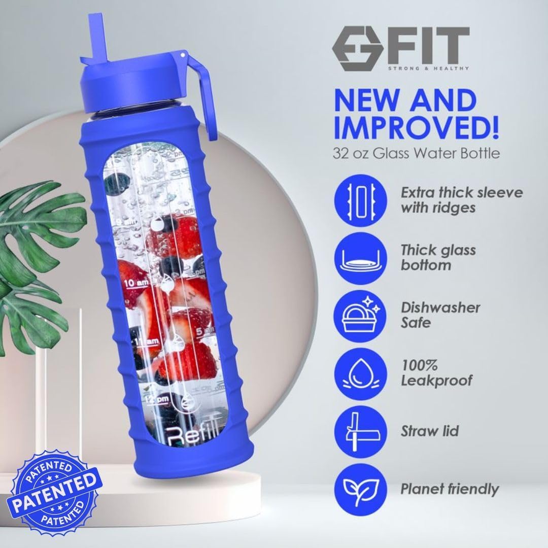 FIT Strong & Healthy 32 oz Glass Water Bottle with Straw Lid, Time Marker, Sleeve & Extra Lid - Motivational, Wide Mouth 1 Liter Glass Drinking Bottle