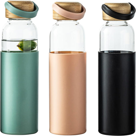 21oz Borosilicate Glass Water Bottles with Silicone Non-Slip Sleeve & Leak-Proof Lid-Reusable Drink Bottle for Office,Travel,Gym,Hiking-BPA Free,Ideal Gift for Home,Car &Fitness (Pink+Black+Green)
