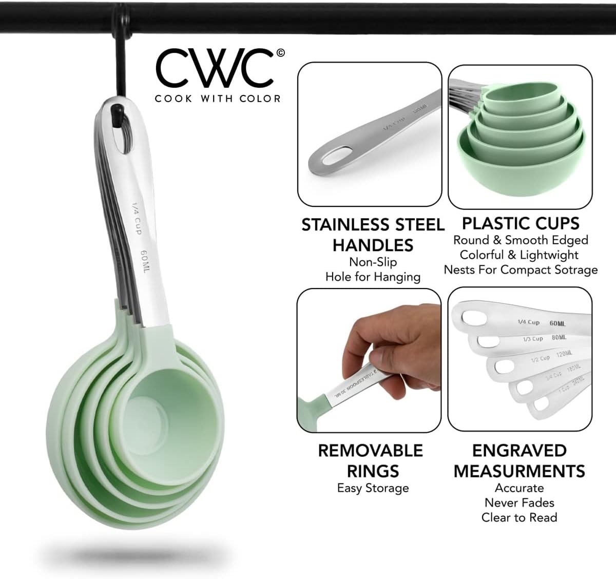 COOK WITH COLOR Measuring Cups Set and Measuring Spoon Set, Stainless Steel Handles, Nesting Kitchen Measuring Set, Liquid Measuring Cup Set, 12 PC Stainless Steel, Mint