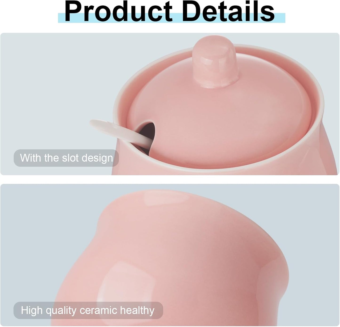 Ceramic Sugar Bowl with Lid and Spoon, Pink Porcelain Sugar Salt Pepper Storage Jar, 8 Ounces