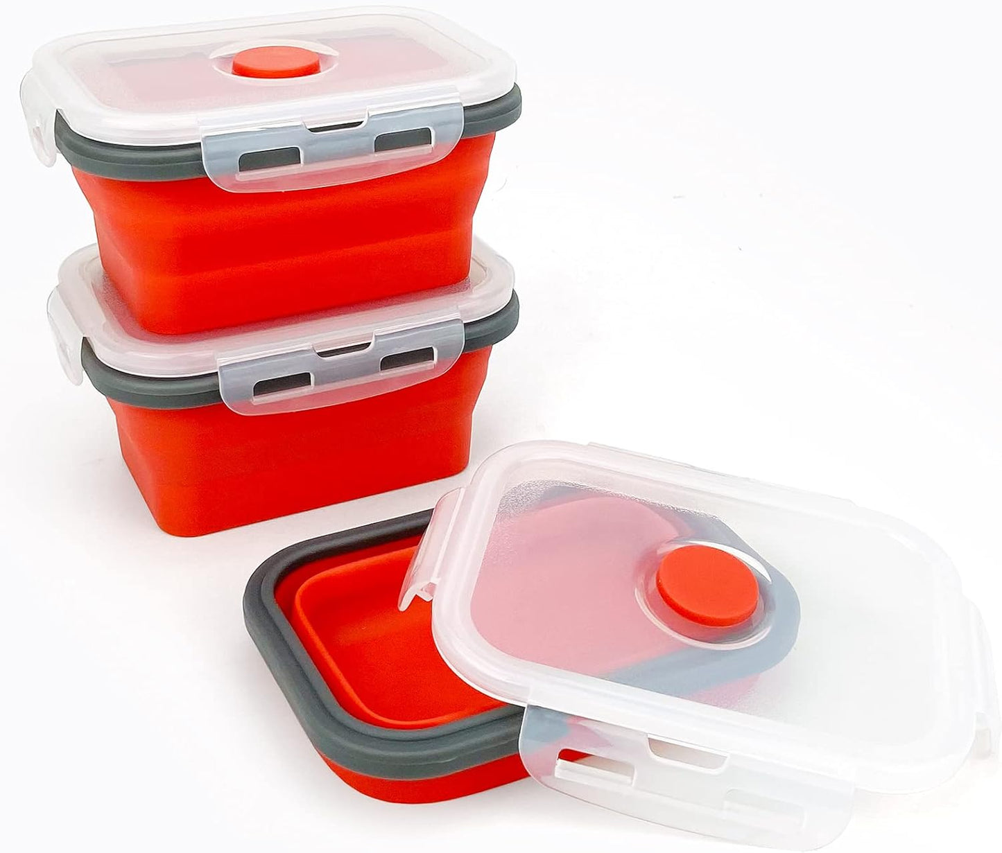 CCyanzi 3piece Collapsible Food Storage Containers with Lids, Silicone Lunch Container, Microwave & Freezer Safe, Space Saving for Kitchen Cabinet and Camping Backpack,(red gray)
