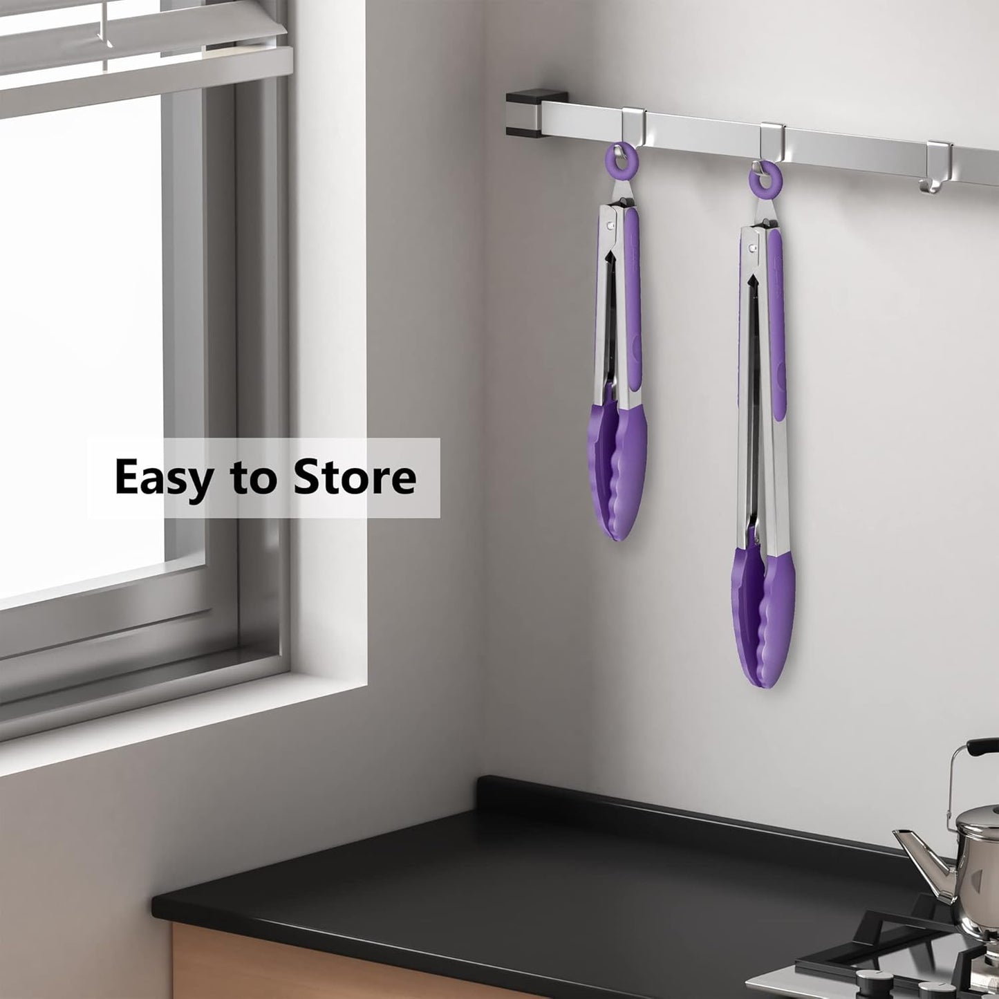 Set of 2 Kitchen Tongs 9-Inch & 12-Inch, Premium Stainless Steel BPA Free Silicone Non-Stick Grilling Barbeque Cooking Locking Food Tongs, Purple