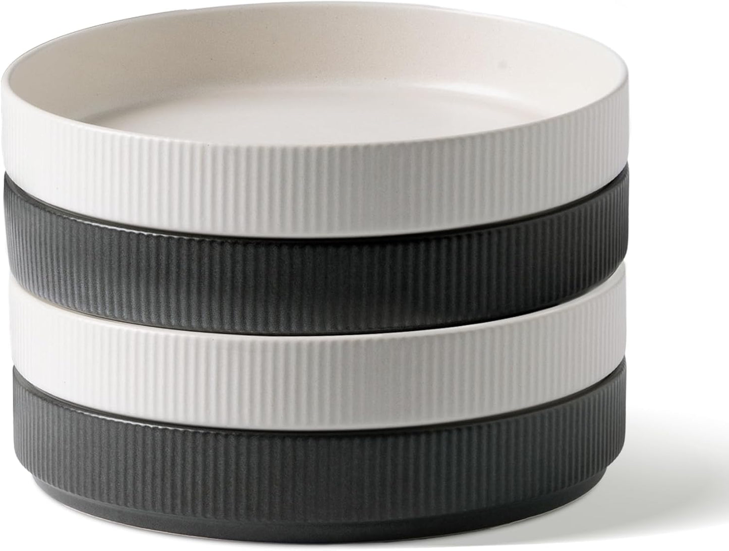 famiware Star 7.5" Pasta Bowls Set, Salad Bowl Set of 4, Double Reactive Glaze, Stackable, Perfect for Your Friend for Housewarming, Thanksgiving, Christmas, Dark Charcoal & White Full Glaze Matte