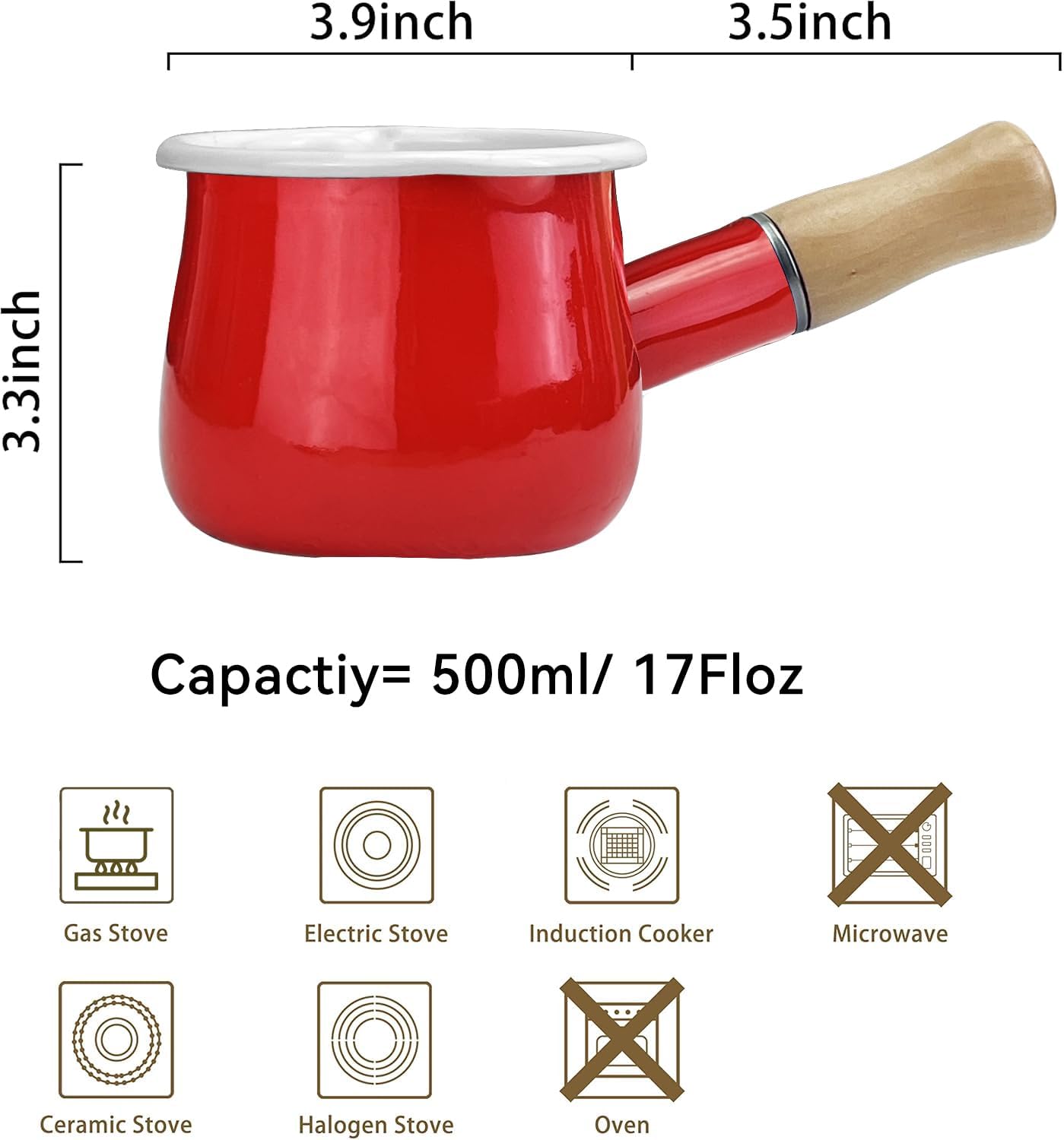Mini Enamel Milk Pot 4 Inch 17 Oz Dual spout with Wooden Handle, Small Sauce Pan Perfect Size for Heating Smaller Liquid Portions (Red）