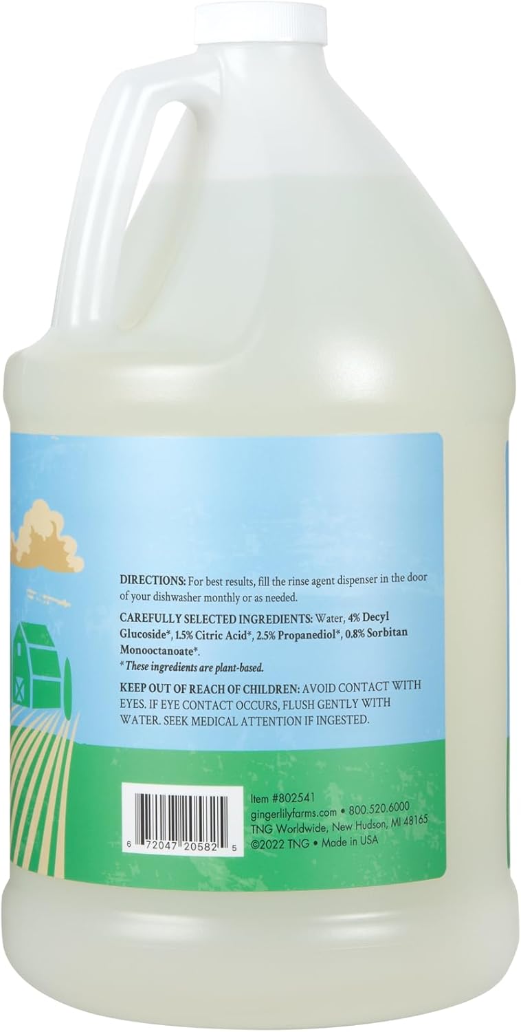 Ginger Lily Farms Botanicals Plant-Based 4-In-1 Dishwasher Rinse Aid, 100% Vegan & Cruelty-Free, Fragrance-Free, 1 Gallon (128 fl oz) Refill, 128.00 Fl Oz (Pack of 1)