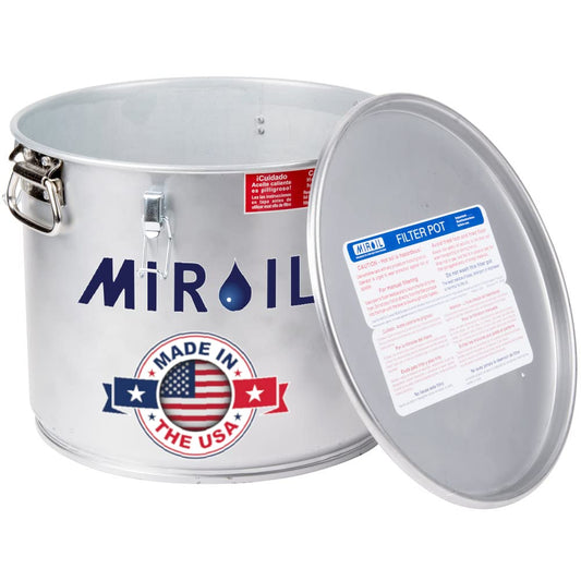 MirOil 5 Gallon Oil Grease Bucket & Filter Pot, USA Made Deep Fryer Grease Bucket Pot with Lid Lock & Lock Clip, 35Lb. Low Profile Container To Fit Under Drain Valves, Filtering Hot Cooking Oil - 40L