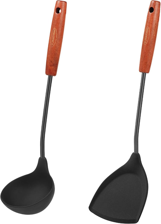 FJNATINH Silicone Wok Spatula and Ladle Tool Set,Non Stick Heat-Resistant Stainless Steel Cooking Utensils BPA Free Kitchen Utensils Cookware, Pack of 2,Black