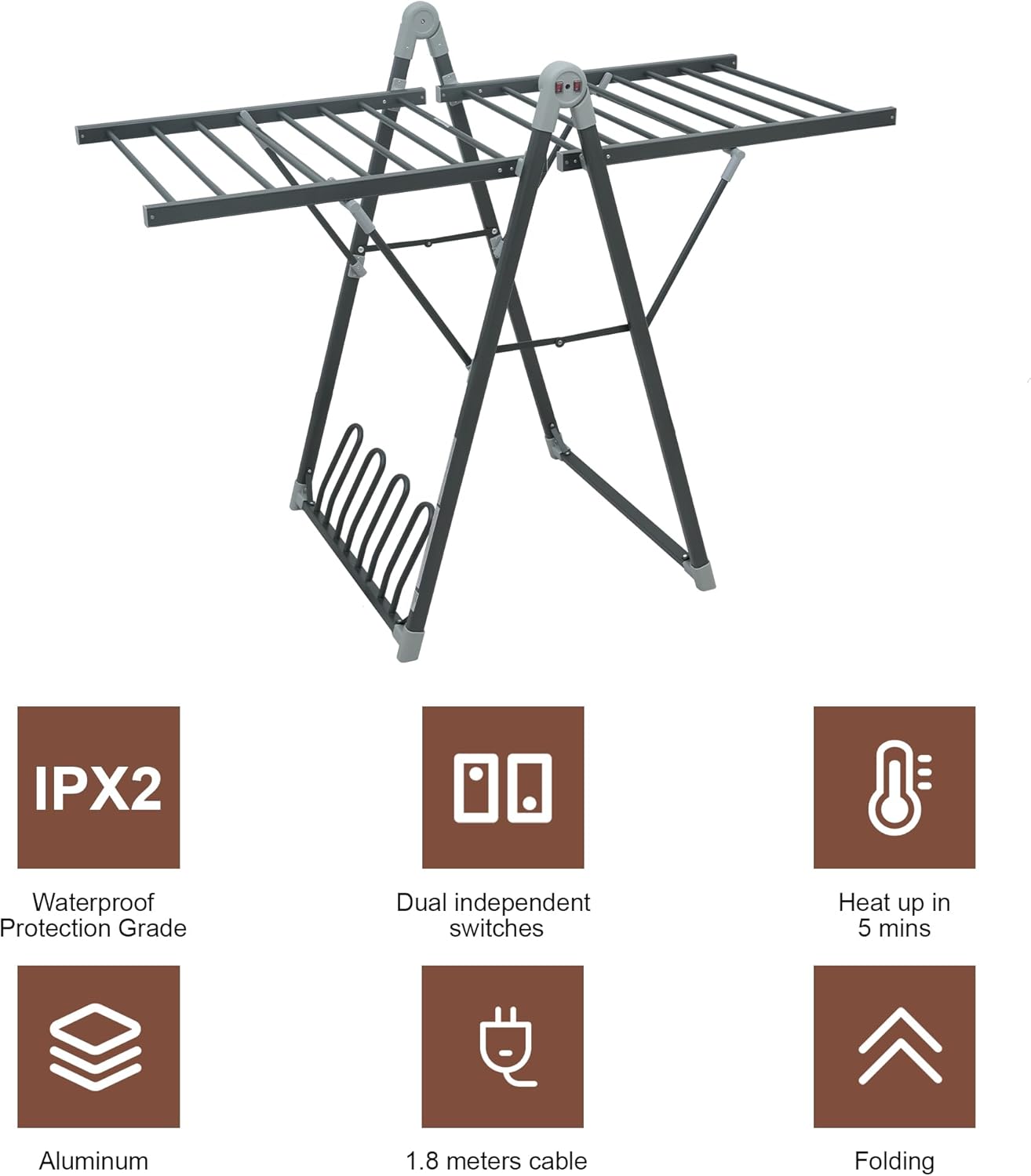 Electric Heating Clothes Drying Rack,Foldable Clothes Drying Rack,Suitable for Drying Clothes, Shoes and Socks.Plug & Play,Space Gray,Aluminum Alloy,One-Click Switch(39.37×52.56×25.98in)