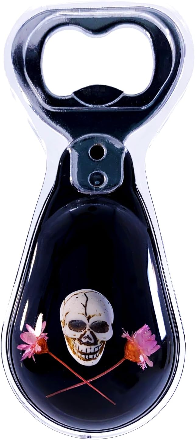 Halloween Ghost Skull Decor, Magnetic Bottle Opener, Original Design Skull Flower in Black Resin – Strong Magnet for Fridge – – Gothic Halloween Gifts - Midnight Black