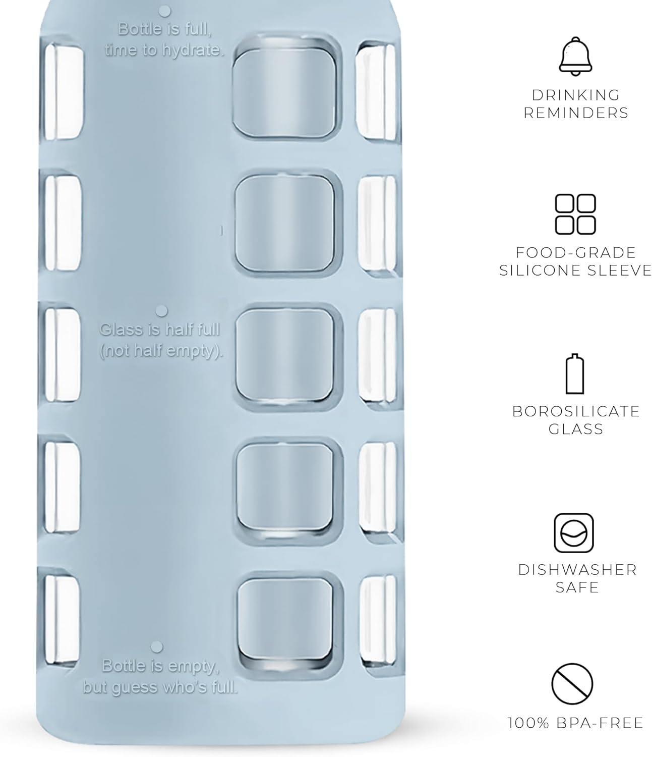 purifyou 40oz / 32oz / 22oz / 12oz Borosilicate Glass Water Bottle with Time & Volume Markers, Silicone Sleeve, Stainless Steel Lid – Reusable Glass Bottle for Water & Juice (22oz Ice Blue)