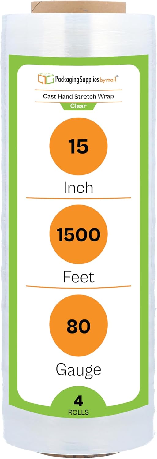 PSBM Stretch Wrap, 4 Pack, 15 Inch x 1500 Feet, 80 Gauge, Clear Plastic Cling, Cast Hand Stretch Film Rolls for Packaging Moving Packing Pallets