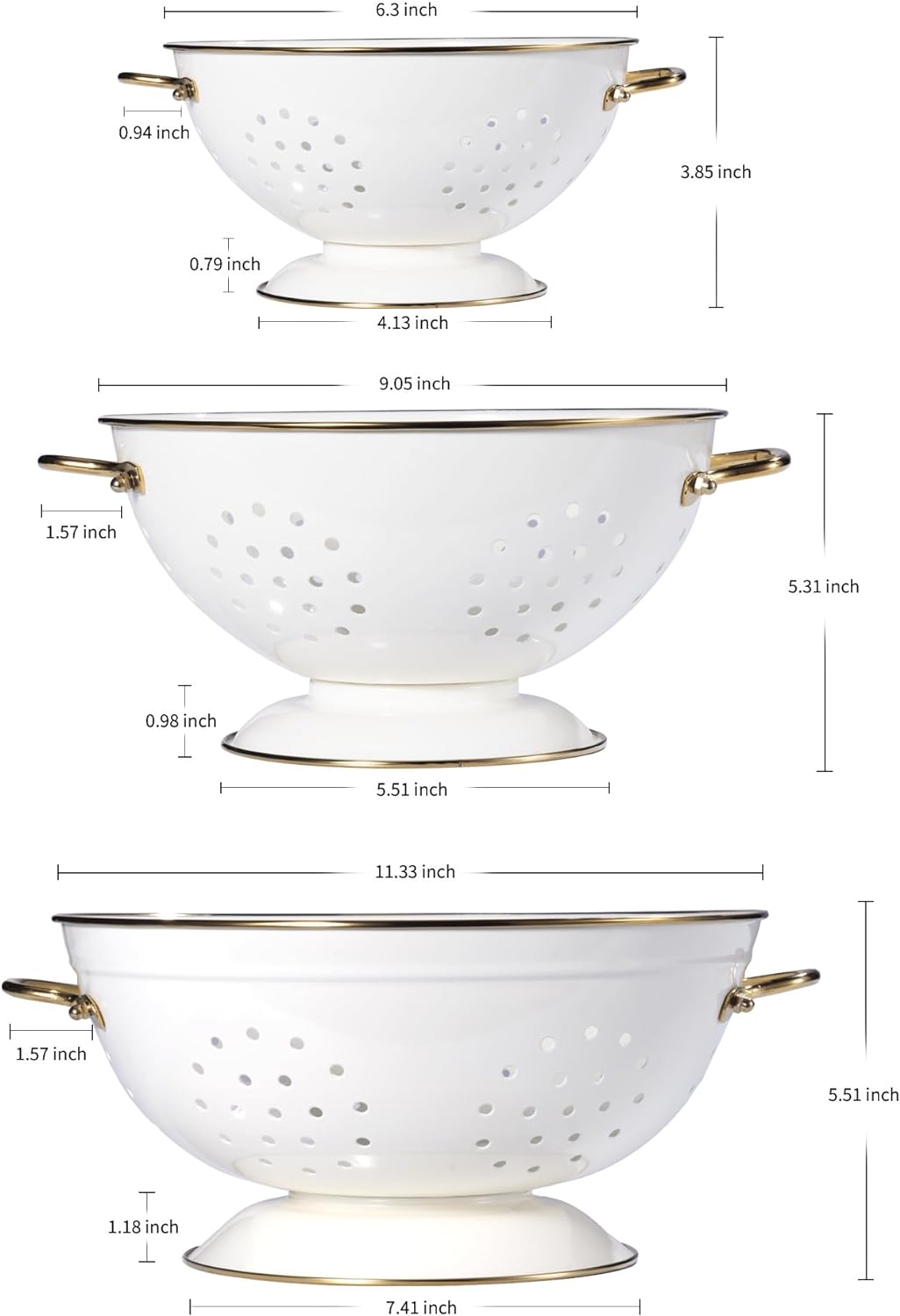 Metal Colander Set of 3, Strainer Basket with Handles perfect for Spaghetti, Pasta, Berry, Vegetable, Fruit, Solid Base Powder Coated Kitchen Essential Strainer Set, 1 & 3.5 & 5 Qt (Cream)