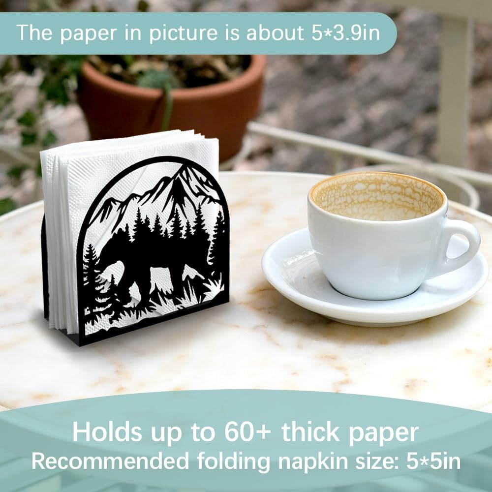 Forest Animals Mountain Decorative Black Metal Napkin Holder for Table, 4.9" x 4.9" x 1.9" Bear Standing Napkin Holder for Home Kitchen Restaurant Picnic Party Coffee Bar Dining Room
