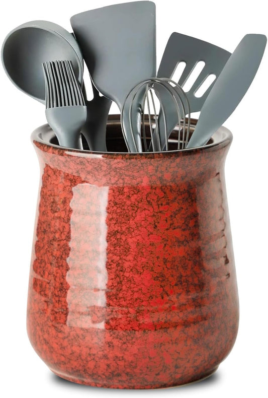 Hasense Kitchen Utensil Holder for Countertop, 7.1” Large Ceramic Utensil Crock, Utensil Caddy, Utensil Organizer and Rustic Table Decor for Spatulas, Red