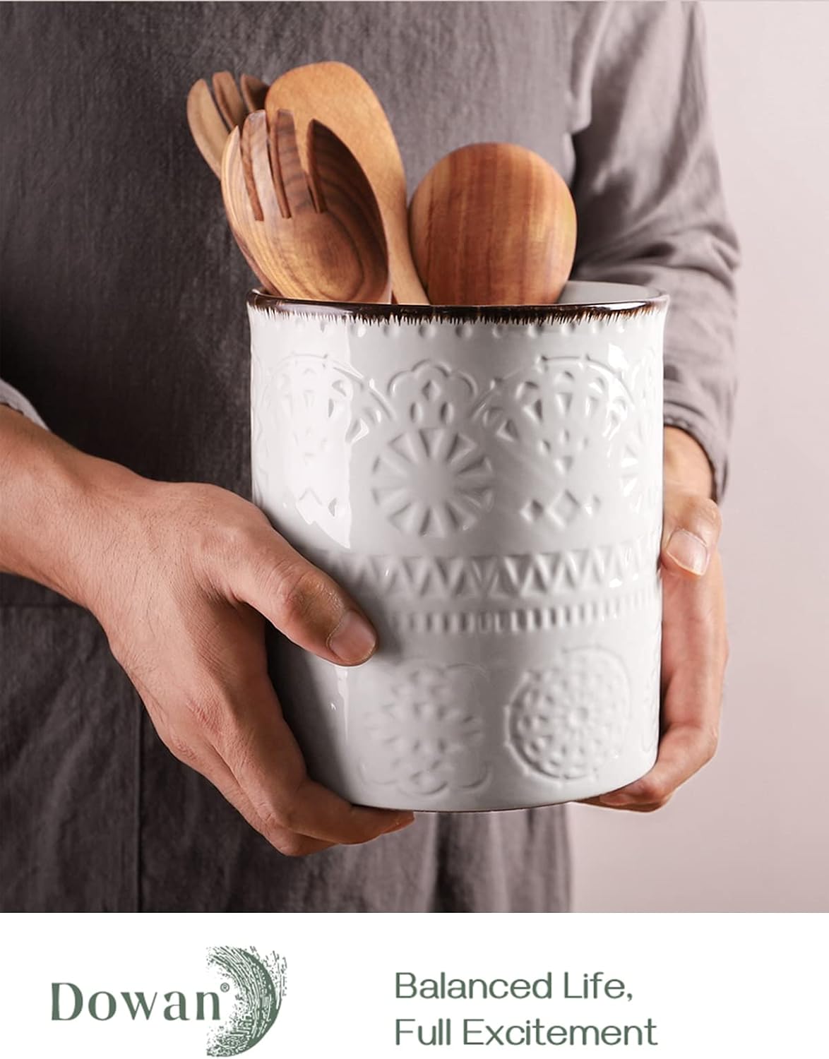 DOWAN 7.2" Kitchen Utensil Holder, Extra Large Farmhouse Utensil Holders for Countertop, Ceramic Utensil Crock, Anti Slip Cork Bottom (White, 7.2 Inch)