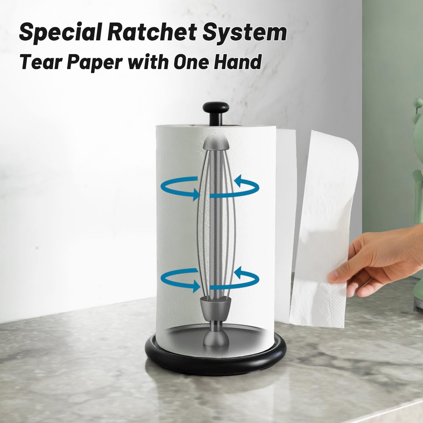 VEHHE Paper Towel Holder Countertop with Weighted Base, One-Handed Tear Paper Towel Holder with Damping Function and EVA Non-Slip Pad for Bathroom and Kitchen