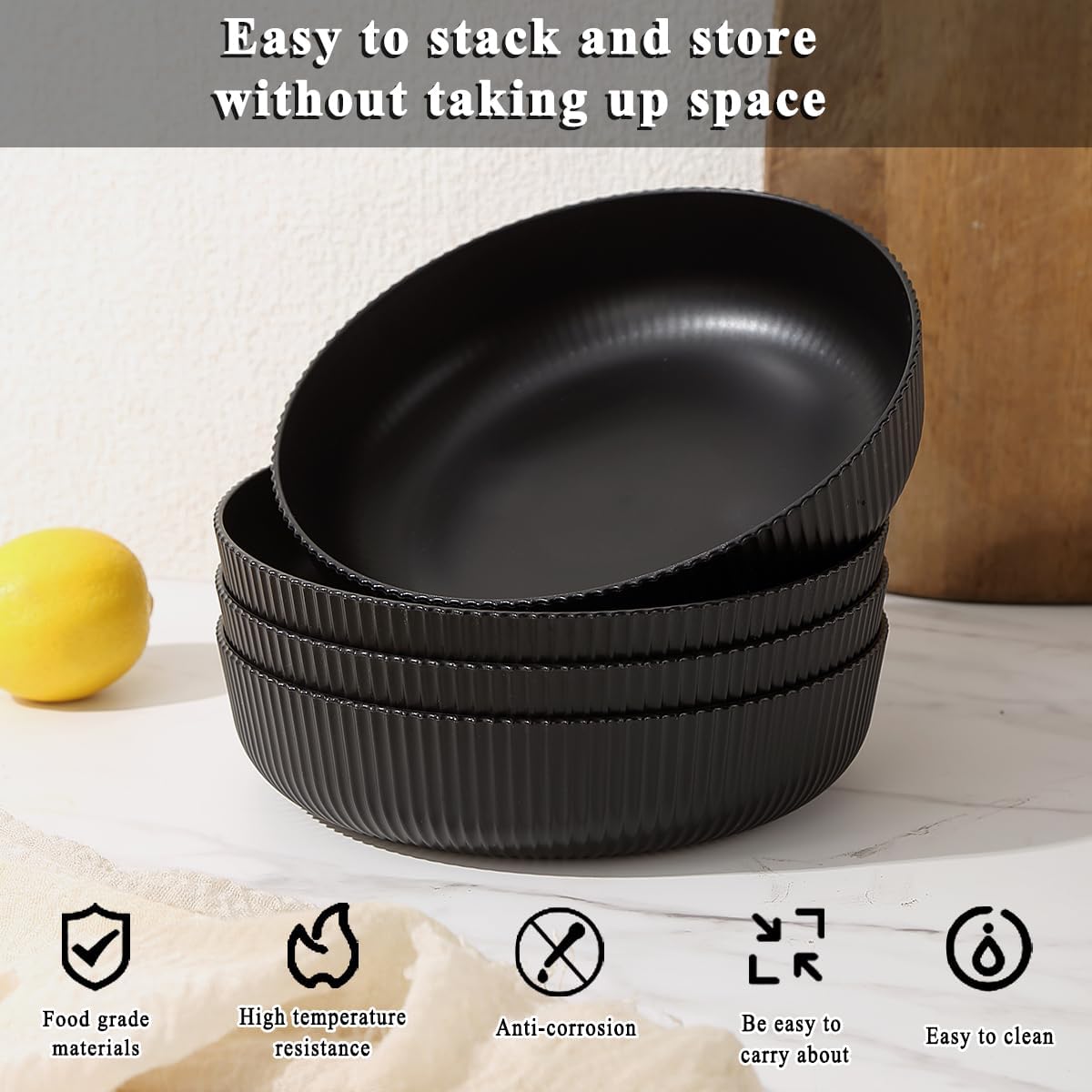 Kyraton Pasta Bowls Set of 4, 37oz Salad Bowls Soup Bowls Large Pasta Serving Bowl Plastic Unbreakable Serving Dishes Dinner Bowls (Black)