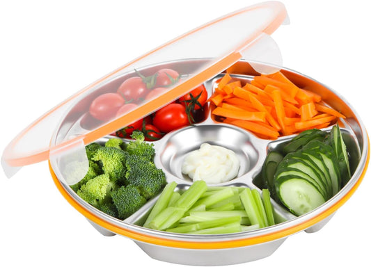 6-Compartment Stainless Steel Serving Tray with Lid - 10-inch Divided Snack/Vegetable/Fruit Tray for Christmas Parties, Snackle Box & Platter Container