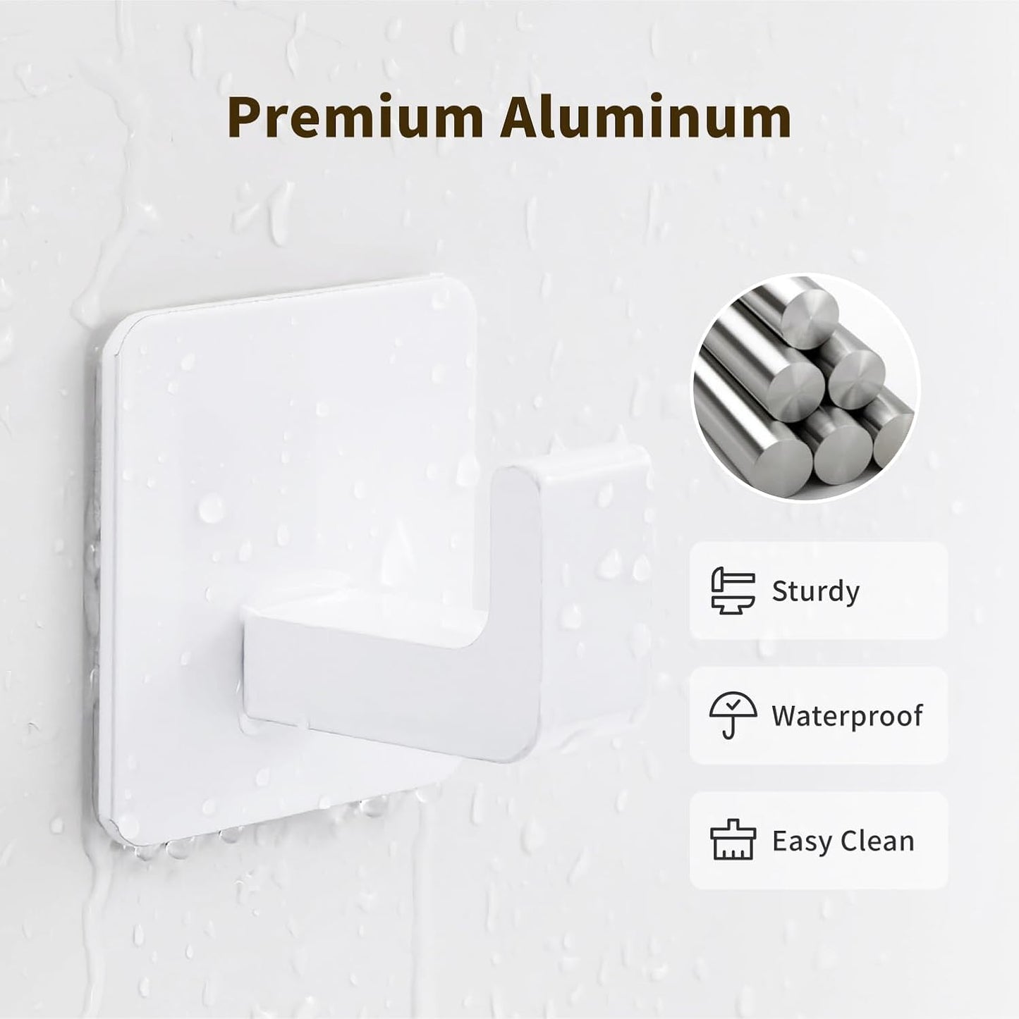 Square Self Adhesive Towel Hooks - 2 Pack Matte White Metal Hooks, Right-Angle Design for Towels, Robes & Hats, Organize Bathroom, Kitchen, Entryway, Doors, Cabinets on Smooth Surfaces