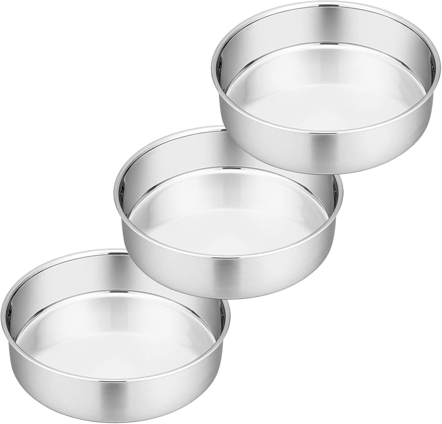 P&P CHEF 8 Inch Round Cake Pan Set of 3, Stainless Steel Round Baking Layer Pans Bakeware for Layer Birthday Cake, Fit Oven/Pots/Pressure Cooker, Leakproof & Dishwasher Safe, Silver