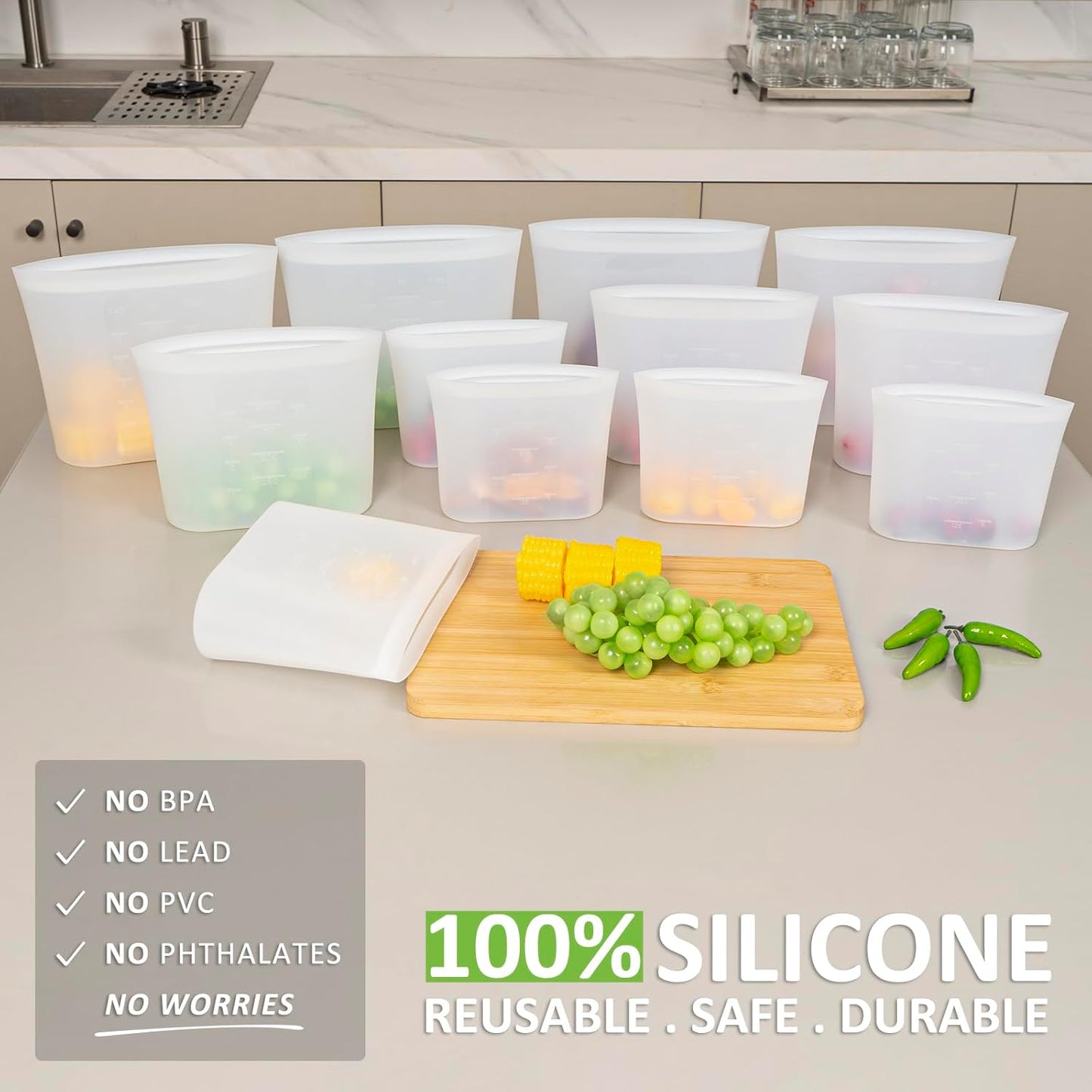 Reusable Storage Bag, 12 Pack 100% Silicone Food Storage Bags Stand Up Silicone Zip Lock Bags for Food Container, Freezer Microwave Oven Dishwasher Safe, 4 Medium 4 Small 4 Extra Small, Translucent