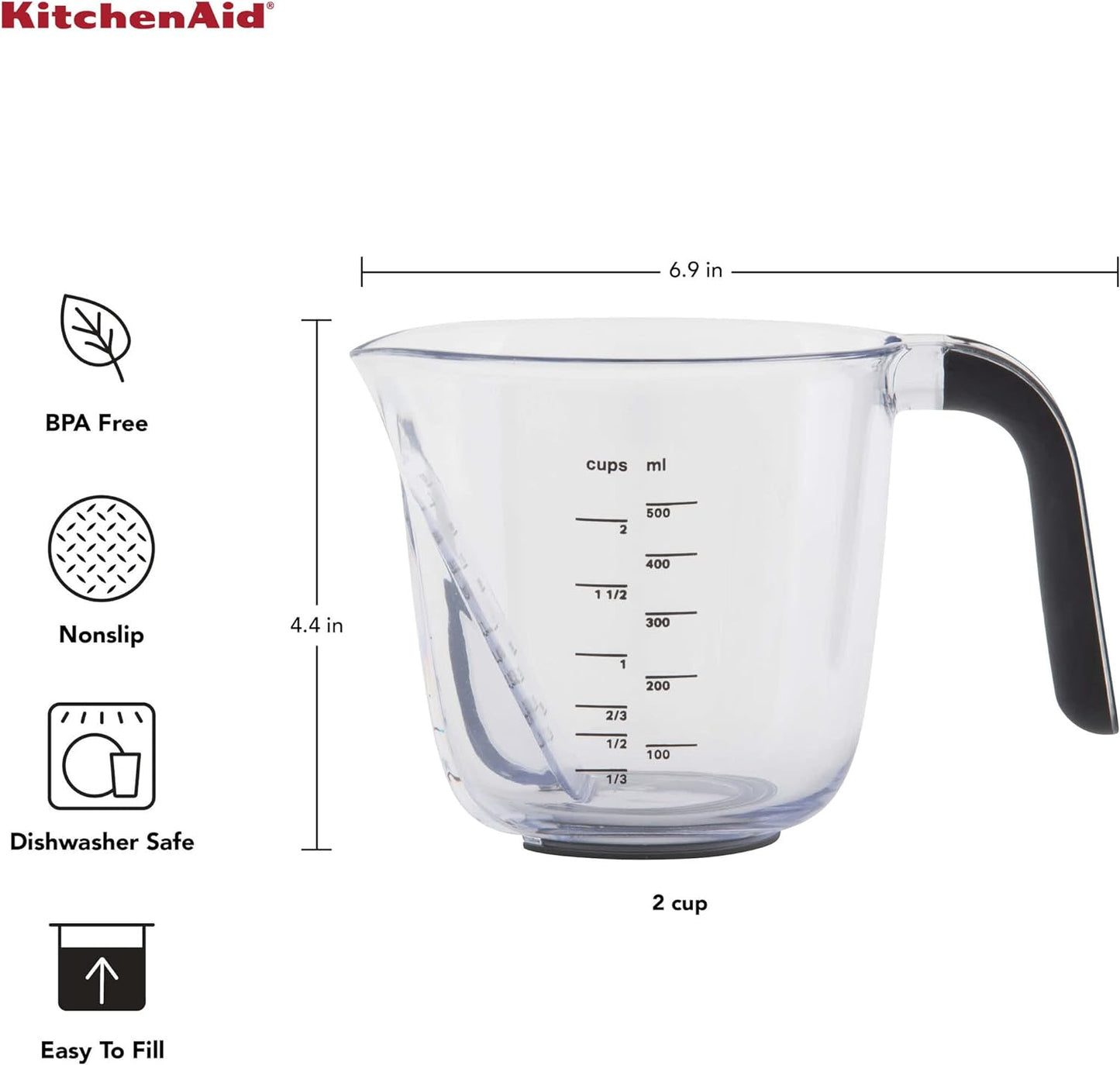 KitchenAid Universal Easy View Angled Measuring Cup, Medium, Clear with Black Handle