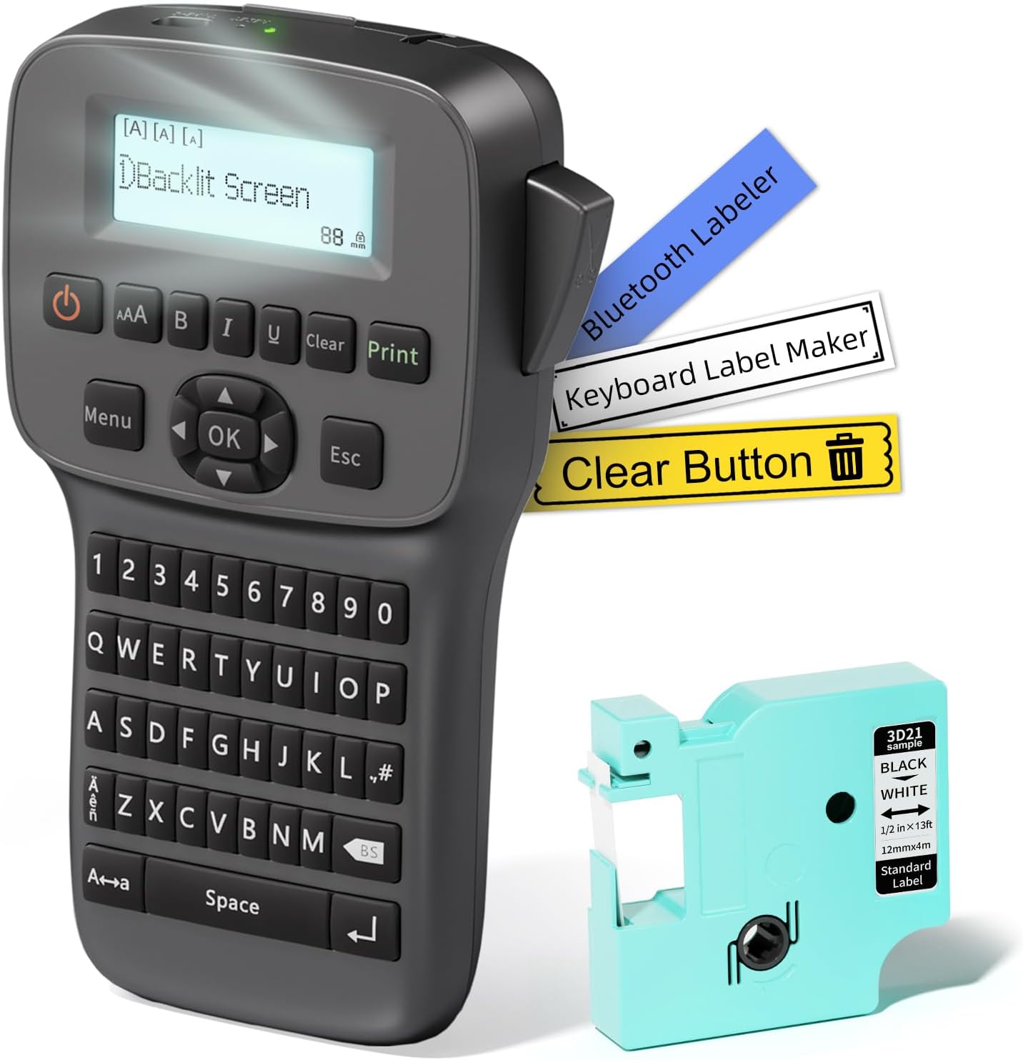 Label Maker Machine with-Tape Waterproof, Rechargeable Label Maker Portable, Keyboard Label Makers with Backlit Screen, Bluetooth Labeler for School Office Industrial Use, LM1600 Black
