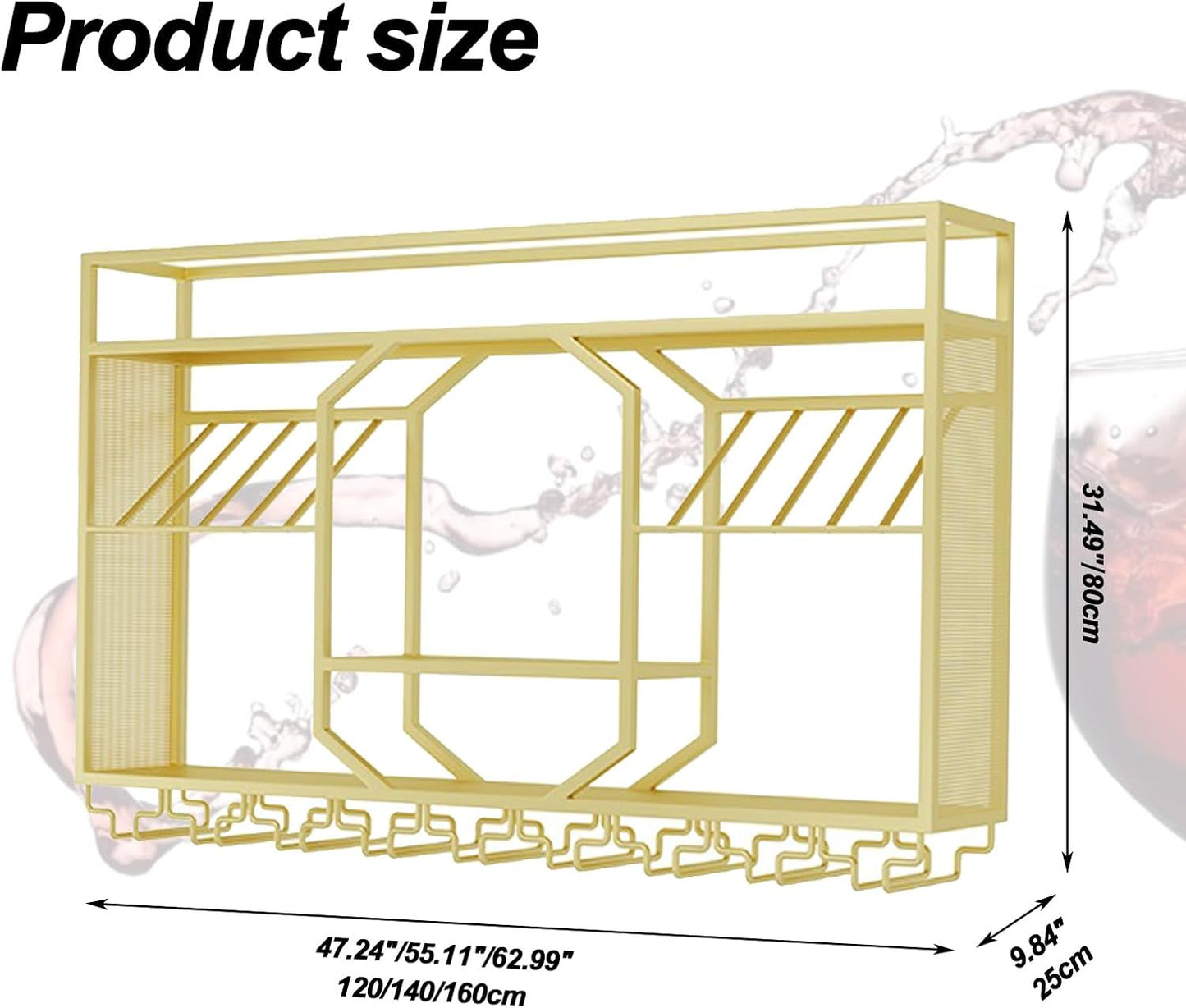 Wall Mounted Wine Rack, 3-Tiers Metal Bar Bottle Holder, Modern Wine Glass Storage Display Shelves, Wall Wine Rack for Kitchen Bar Dining Rooms Decoration ﻿ (Gold, 55.11in/140cm)