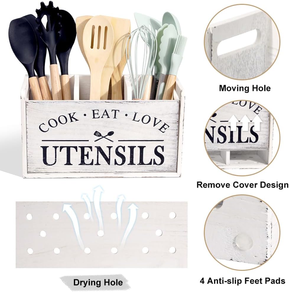 Farmhouse Cooking Utensils Organizer - Solid Wood Countertop Utensil Holder, 3 Compartment Spoon Holder for Kitchen Decor (White)