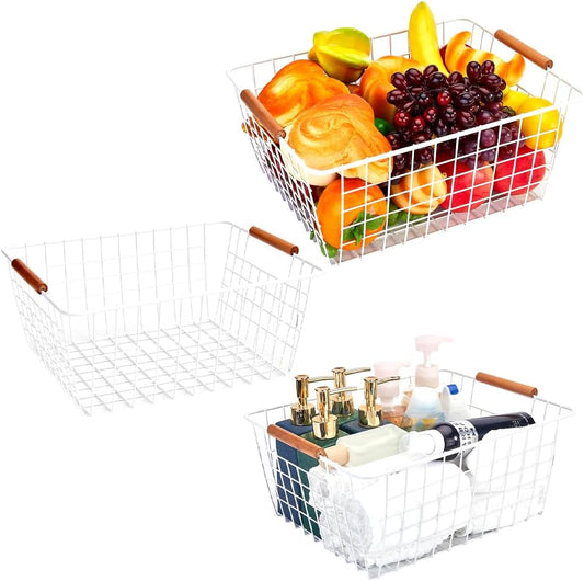 LeleCAT Large white wire baskets with Wooden Handles for storage pantry, Storage Organizer Baskets, Household Refrigerator for Cabinets, Closets, Bedrooms, kitchen - Set of 3 White