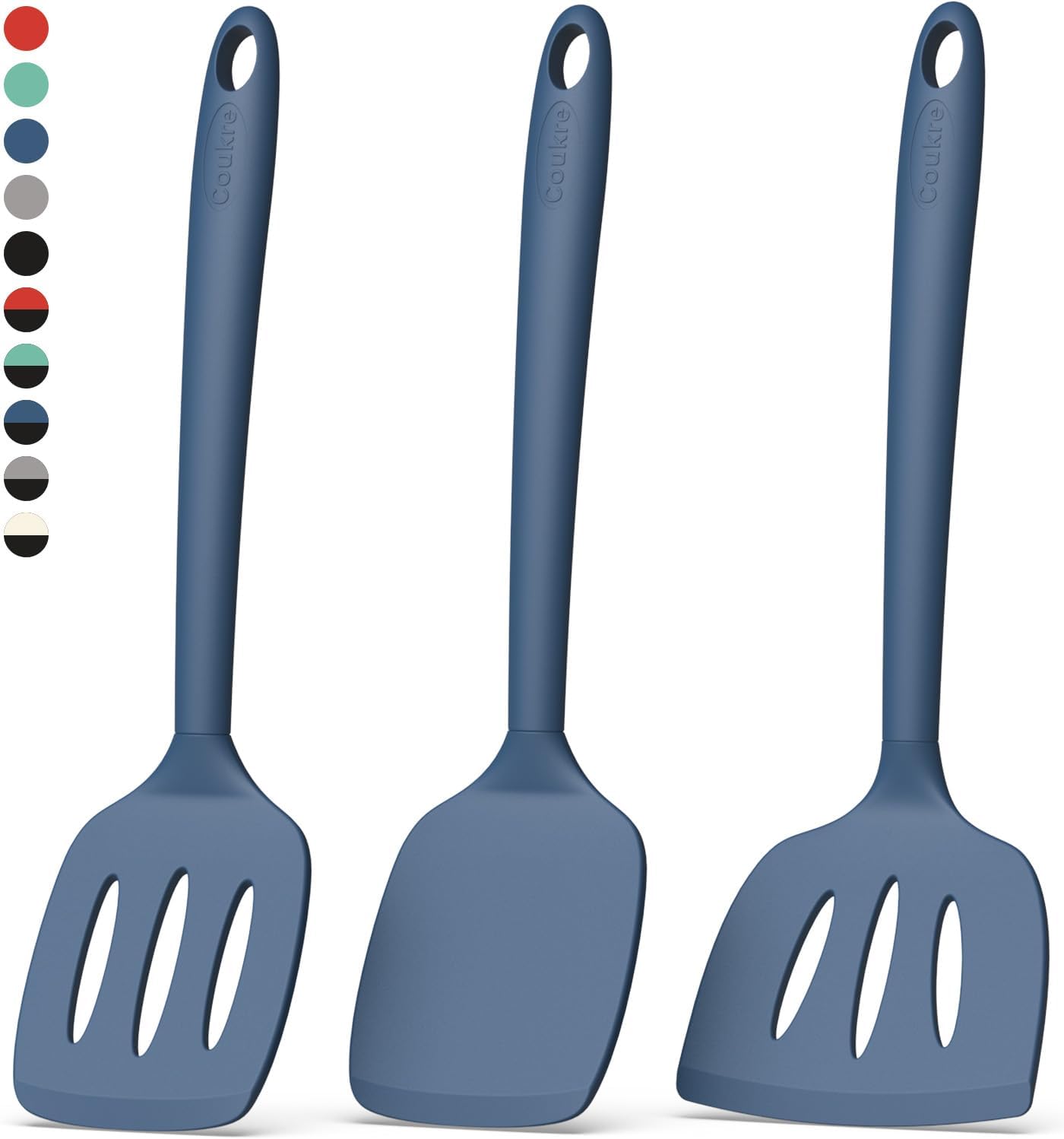 Coukre Silicone Spatula Set of 3, High Heat Resistant, BPA-Free, Kitchen Utensils, Fish Spatula, Solid & Slotted Turner for Non-Stick Pans, Flipping Eggs, Pancakes, Fish, Burgers (3, PureDarkBlue)