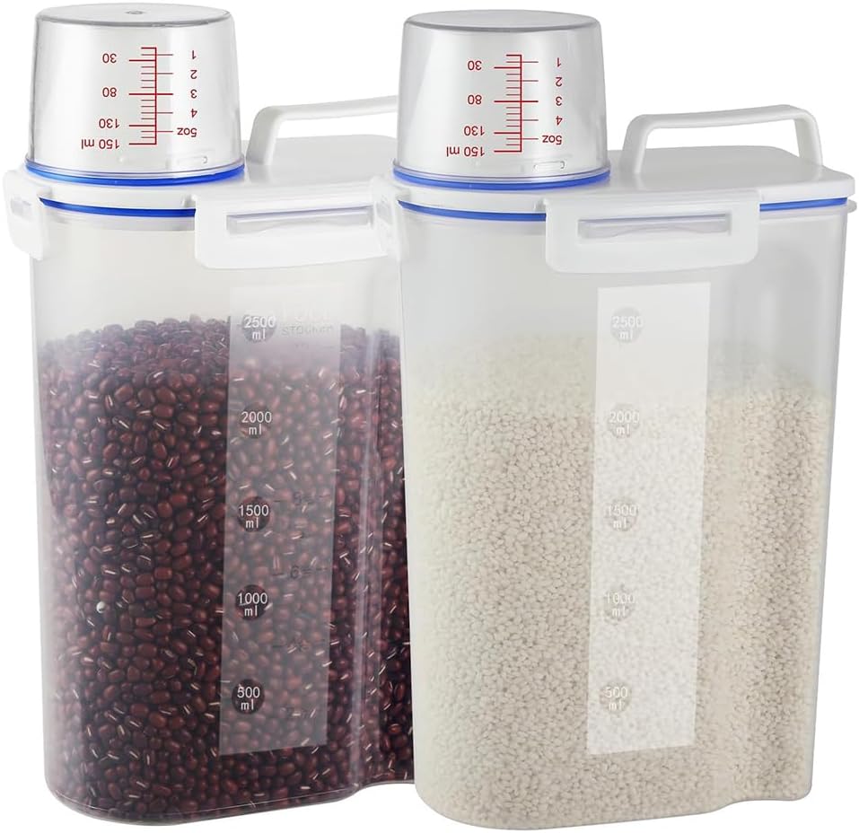 2 set 3-5 LB Rice Storage Bin Flour Cereal Containers Dispenser with BPA Free + Measuring Cup + Pour Spout - Perfect for Rice Flour Baking Supplies Pet Dog Food Storage