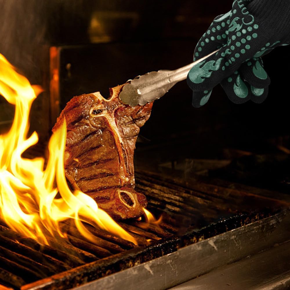 Comsmart BBQ Gloves, 1472°F Heat Resistant Grilling Gloves Silicone Non-Slip Oven Gloves Long Kitchen Gloves for Barbecue, Cooking, Baking, Short, Green