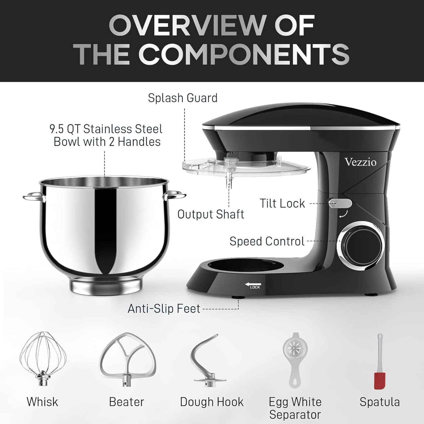 9.5 Qt Stand Mixer, 10-Speed Tilt-Head Food Mixer, Vezzio 660W Kitchen Electric Mixer with Stainless Steel Bowl, Dishwasher-Safe Attachments for Most Home Cooks(Black)