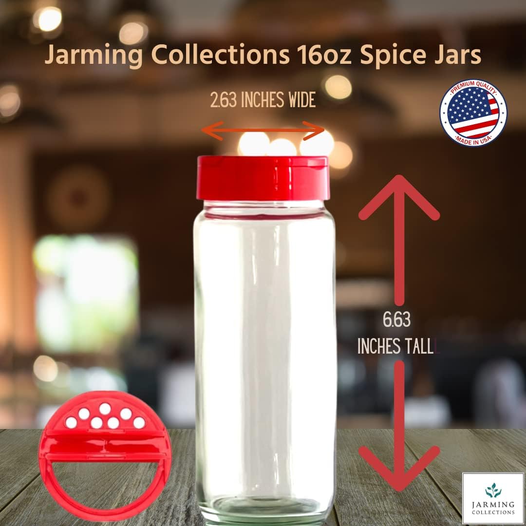JARMING COLLECTIONS Glass Spice Jars with Shaker Lids - Spice Jars 16 oz for Food Storage, Spice Containers for Kitchen Organization, Organizing Bottles for Spices (Red - Set of 3)