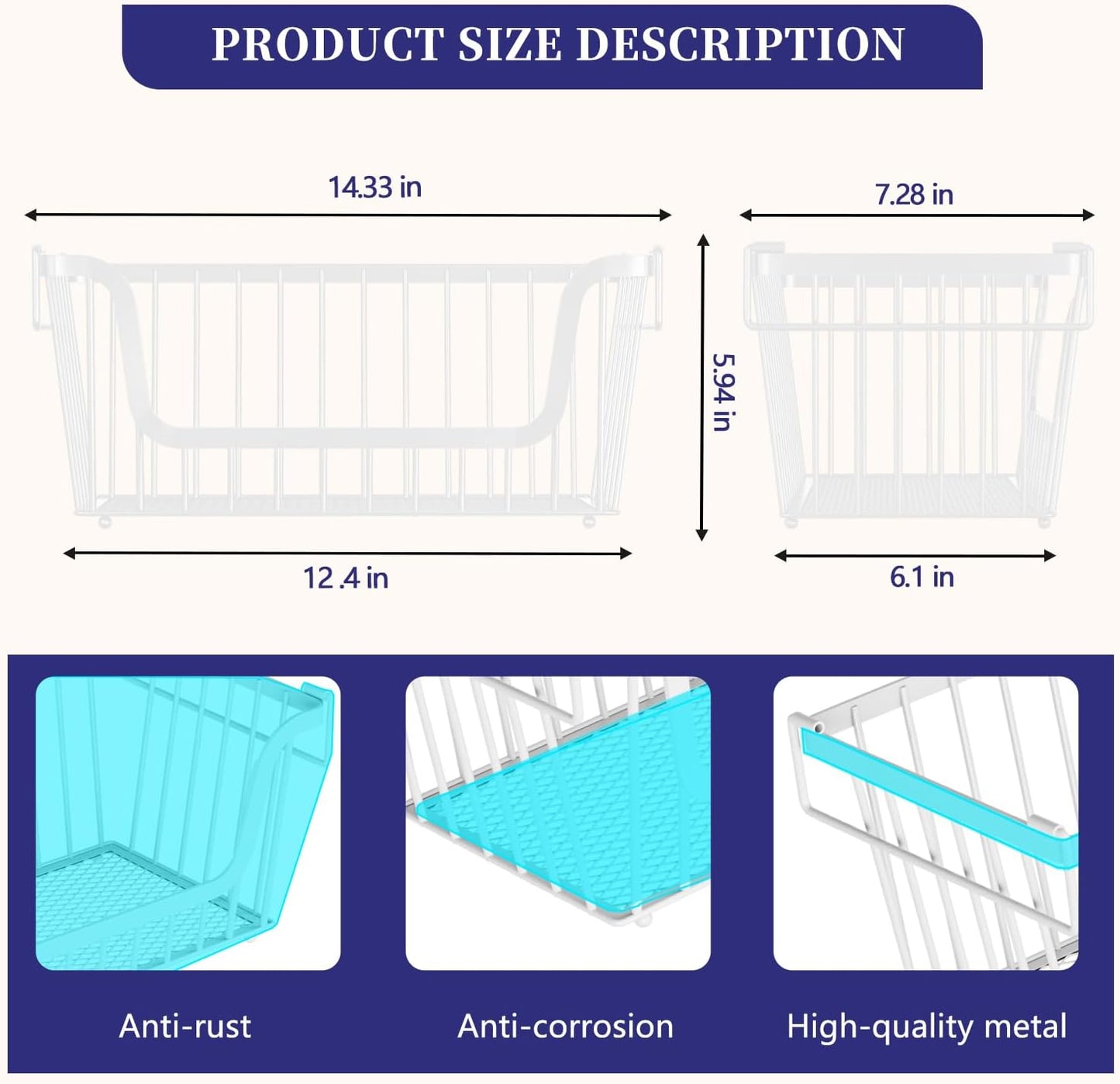 Enhanced Leak-Proof Bottom Stackable Wire Baskets, 4 Pack Pantry Organizers and Storage, Pantry Storage，Shelf Baskets, Fruit Basket, Potato and Onion Storage Bins，(White)