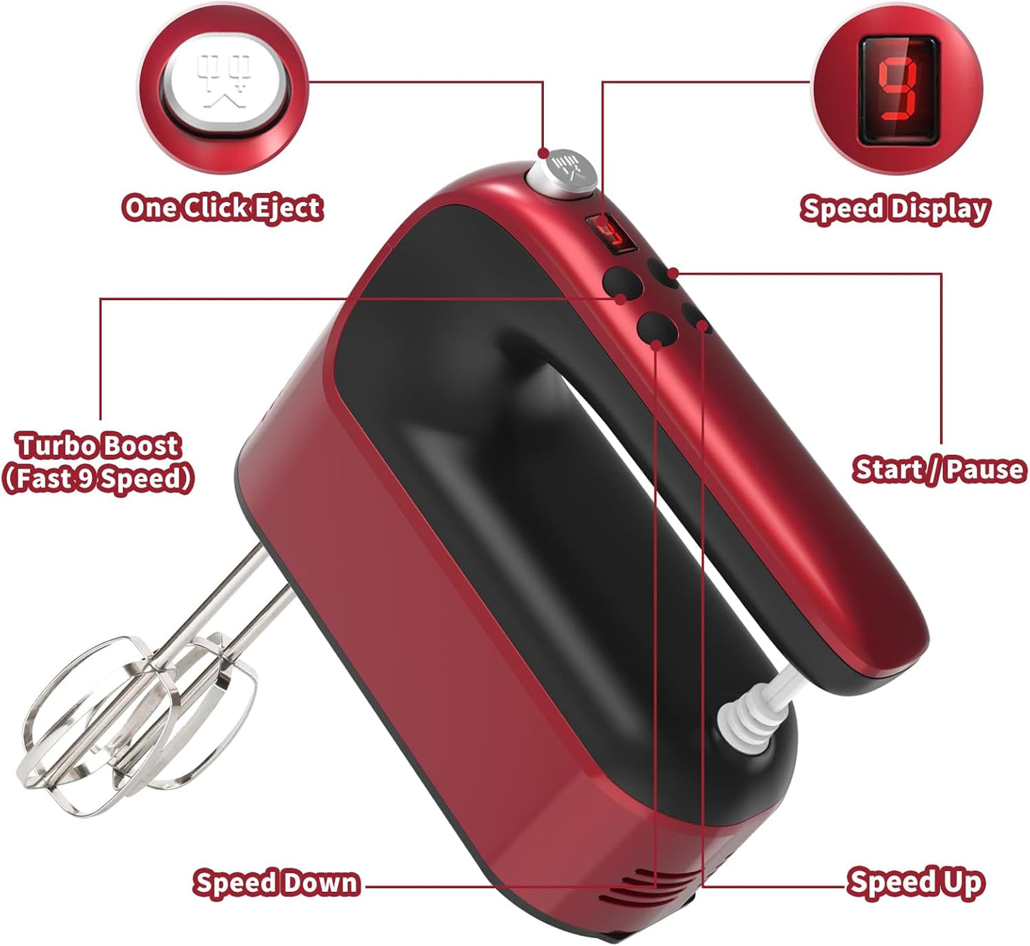 9-Speed Digital Hand Mixer Electric, 400W DC Motor, Hand Mixer electric Handheld with Snap-On Storage Case, Touch Button, Turbo Boost, 5x Stainless Steel Accessories (Red)